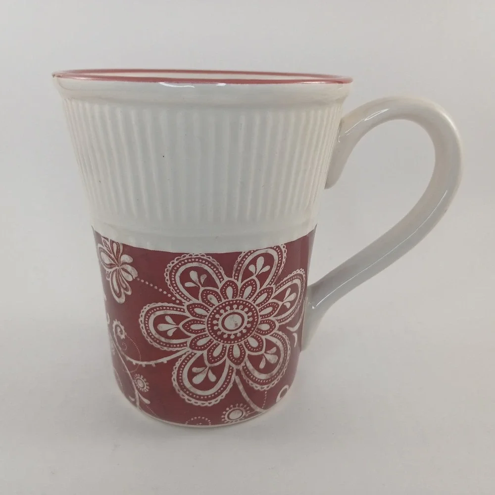 Pier 1 Imports Maribeth Cup Mug Coffee Tea Red Beige Floral Flowers